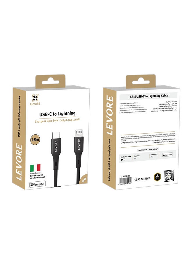 Levore USB-C to Lightning Cable MFI Certified TPE 1.8m - Black - Image 2