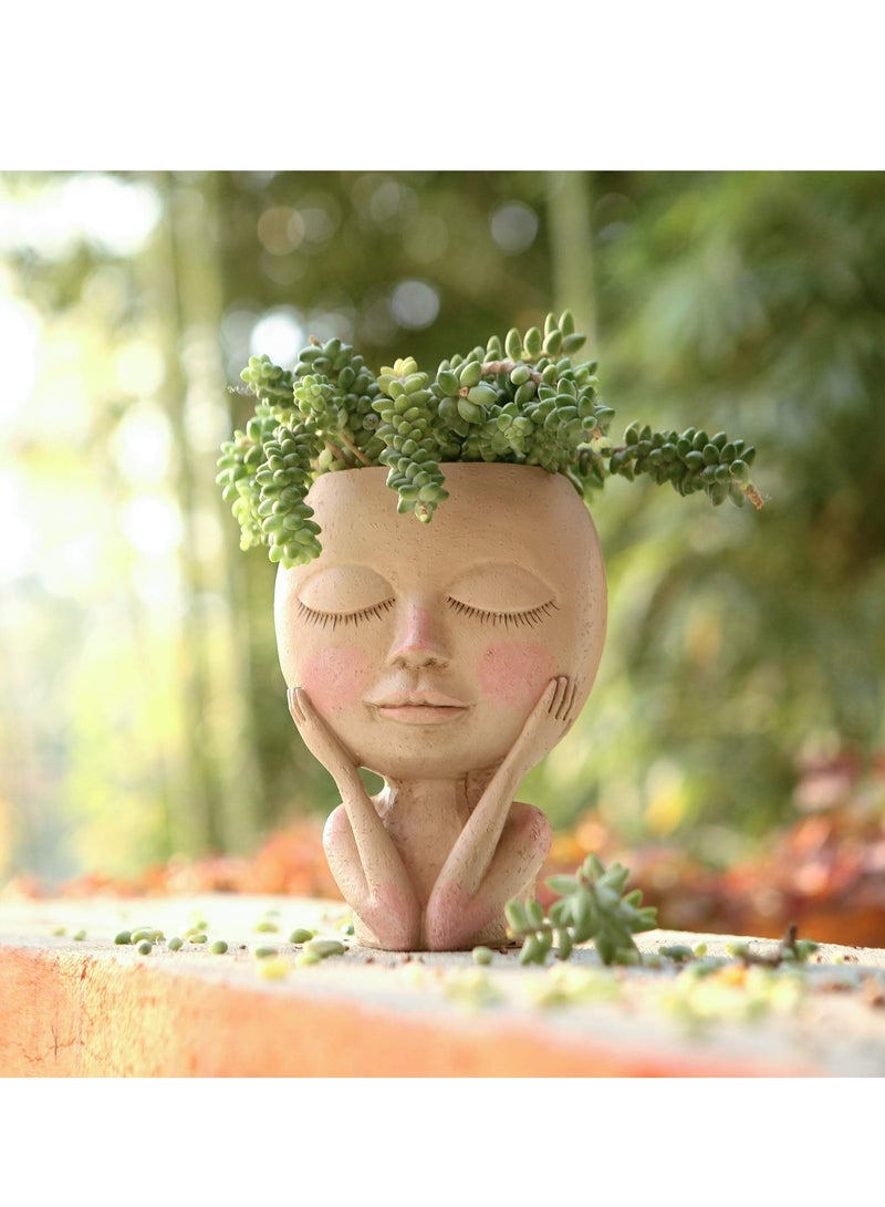 KASTWAVE Face Planter Pot, Face Flower Pot, Succulent Planter Cute Resin Cactus Planter with Drainage Hole Closed Eyes, Face Flower Pots for Indoor and Outdoor Plants - Image 2