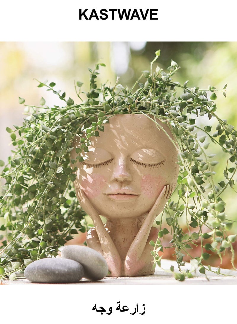 KASTWAVE Face Planter Pot, Face Flower Pot, Succulent Planter Cute Resin Cactus Planter with Drainage Hole Closed Eyes, Face Flower Pots for Indoor and Outdoor Plants - Image 1