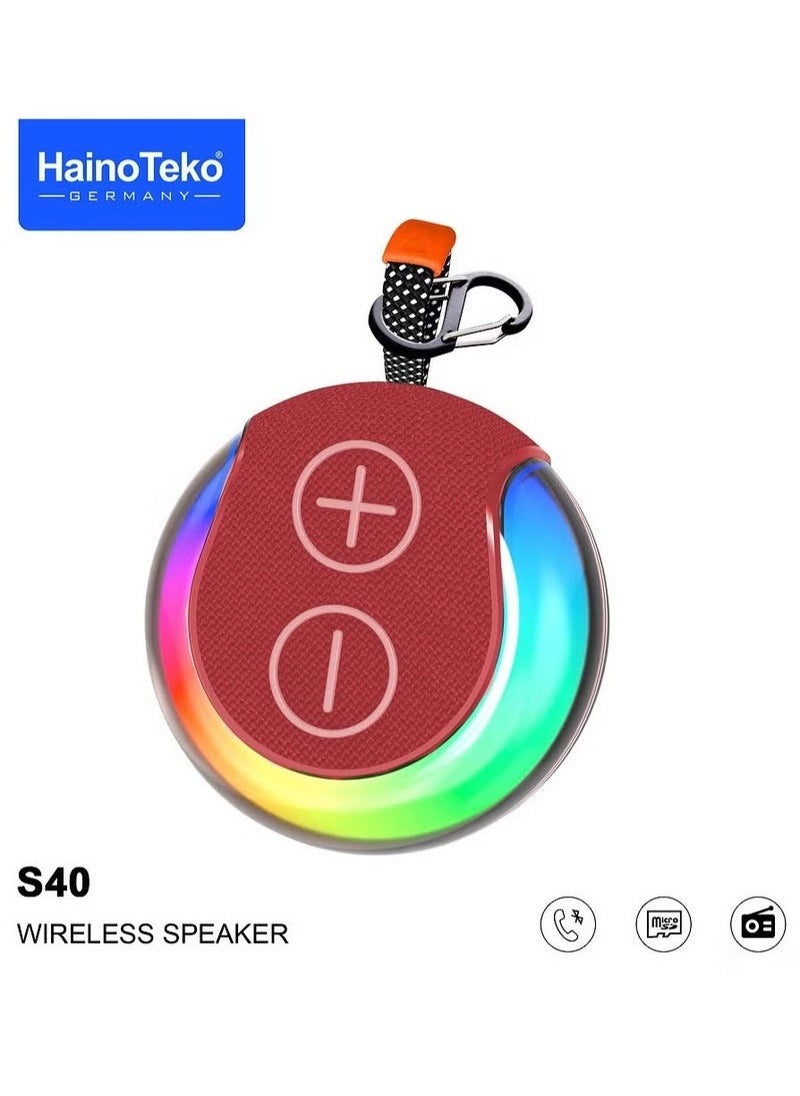 Haino Teko S40 Red Portable Wireless Bluetooth Speaker with HiFi Sound, Vibrant RGB Lighting, Easy Button Control, and Powerful Bass – Compact, Stylish, and Rechargeable Speaker for Music, Parties, Travel, Outdoor Events, and Home Entertainment  - Image 1