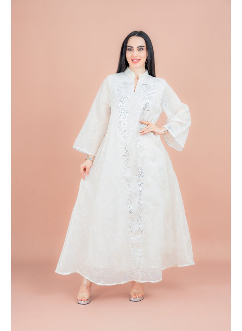 اكسا جلابية لؤلؤ ونقش أناقة بيج - Image 1