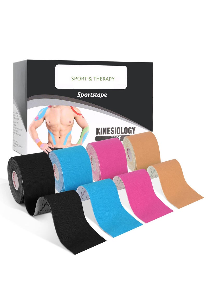 4 Rolls Kinesiology Tapes Waterproof Breathable Elastic Muscle Support Tape for Exercise, Sports & Injury Recovery, 5cm x 5m Per Roll  - Image 1
