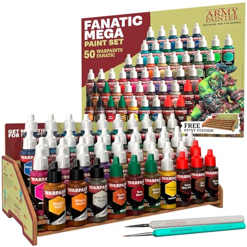 The Army Painter Warpaints Fanatic Mega Set Combo 50 x 18 mL Acrylic Paints incl Skin Tones Metallics Effects Washes 1 Free Paint Station 2 Brushes Model Paint for Warhammer DD - Image 1