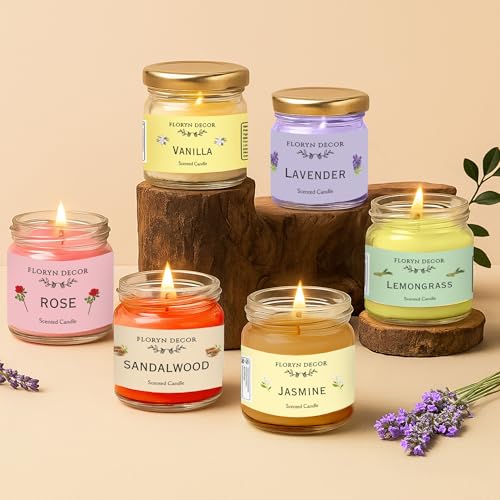 Floryn Decor Jar Scented Candles Gift Set | Scented Candle Set | Highly Fragranced Candles Pack of 6 Mini Jars - Image 1