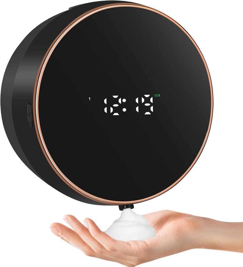 Monstake Automatic Soap Dispenser Foam Bathroom: Wall Mount Rechargeable Touchless Adjustable Auto Smart Electric Plastic Black Foaming Soap Dispenser with Clock - Kitchen - Hand Dish Lotion Couple Kids - Image 1
