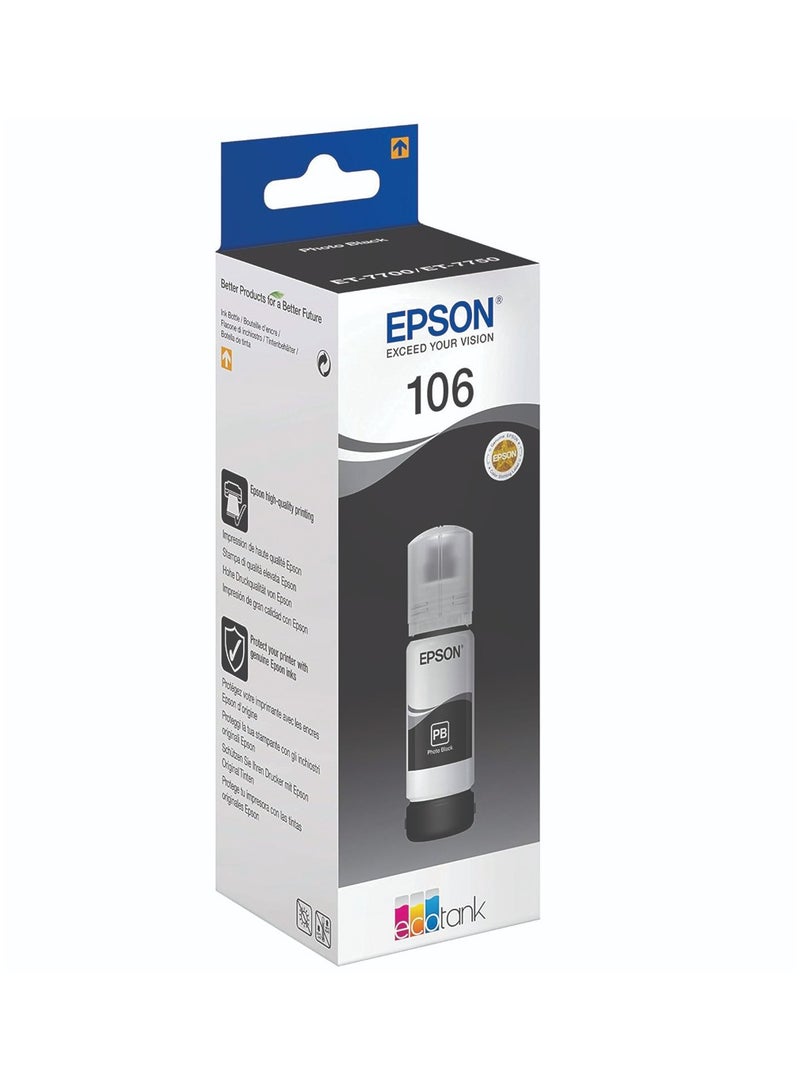 إبسون زجاجة حبر Epson 106 Ecotank، حبر أسود للصور لإعادة تعبئة الطابعة باللون الأسود - Image 1