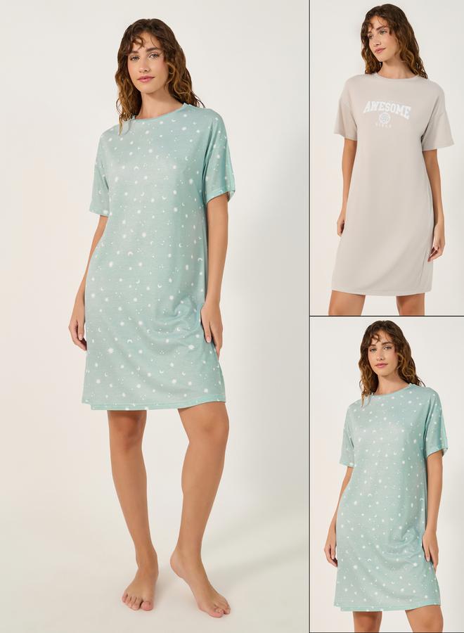 Styli 2PK SLOGAN and AOP STAR PRINT DROP SHOUDER  SLEEP TEES - KNEE  - Image 1