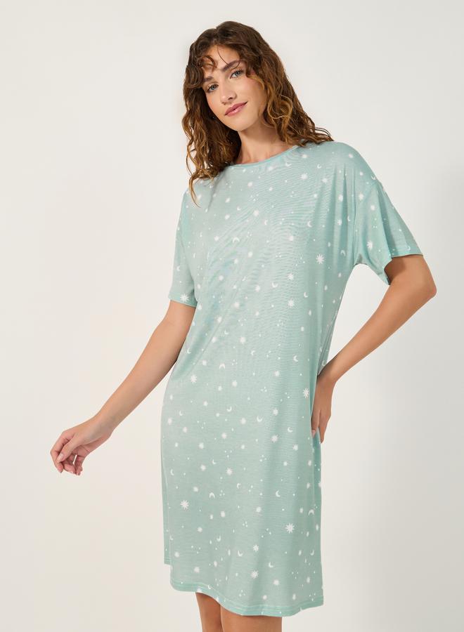 Styli 2PK SLOGAN and AOP STAR PRINT DROP SHOUDER  SLEEP TEES - KNEE  - Image 3