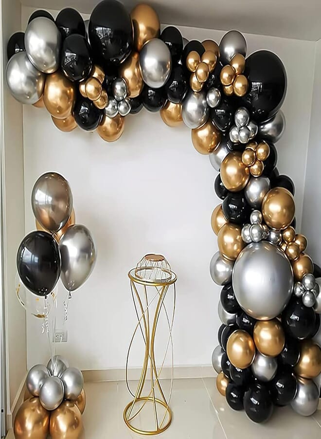 111PCS Black Gold and Silver Balloon Garland Arch Kit Metallic Black Metallic Gold Chrome Silver Latex Balloons Set for Birthday New Year Bachelorette Wedding Graduation Party Decoration