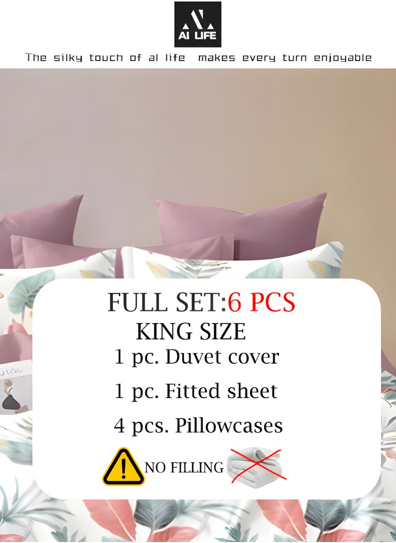 Al LIFE AI LIFE King Size Bedding Set Hotel Quality 6 Pcs Bedsheet Set with Fitted Sheet 200x200+30cm Duvet Cover 220x240cm & 4 Pillow Covers 50x75cm Modern Design Bedding Set  - Image 3