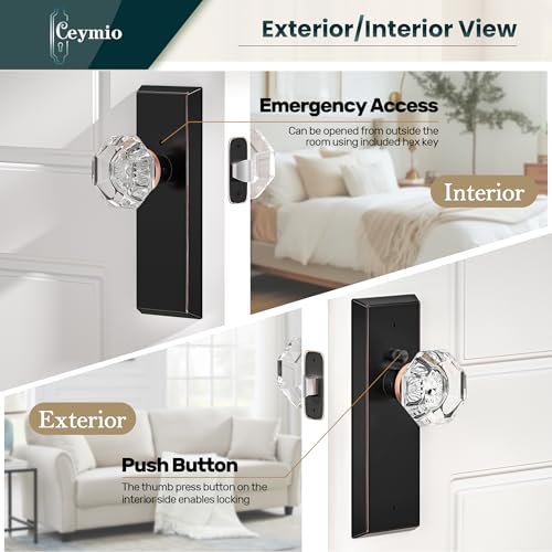 CEYMIO Glass Door Knobs for Interior Doors Vintage Crystal Privacy Bedroom Bathroom Door Knob with Lock Diamond Cut Door Handle Oil Rubbed Bronze Finish 1 Pack - Image 3
