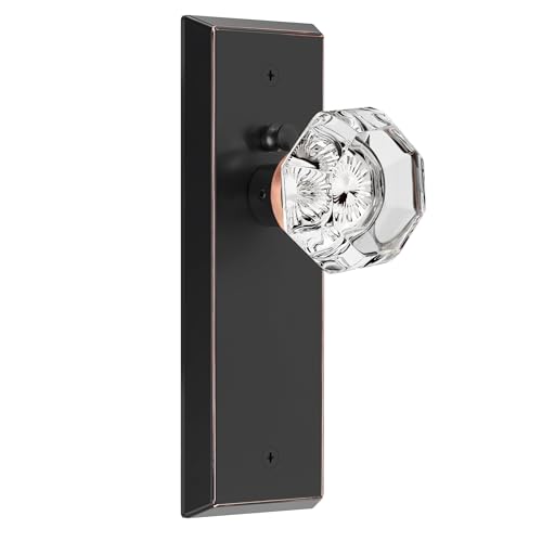 CEYMIO Glass Door Knobs for Interior Doors Vintage Crystal Privacy Bedroom Bathroom Door Knob with Lock Diamond Cut Door Handle Oil Rubbed Bronze Finish 1 Pack - Image 1
