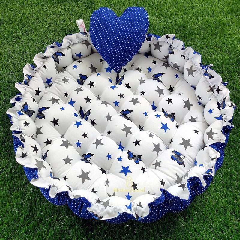 MOTHERHOOD MOTHERHOOD Round Baby Tub Bed and HeartShaped Pillow Luxury Baby Mattress Bed Sleeper Bedding Set coSleeper Safe Cotton Fabric with RFilled UltraSoft Comfortable for Newborn Blue - Image 1
