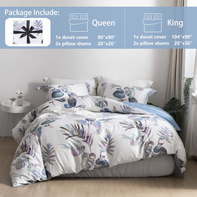 MILDLY 100% Long-Staple Cotton Duvet Cover Set Palm Leaf Pattern Printed Comforter Cover 3pcs, Ultra Soft & Breathable Bedding Set - Image 3