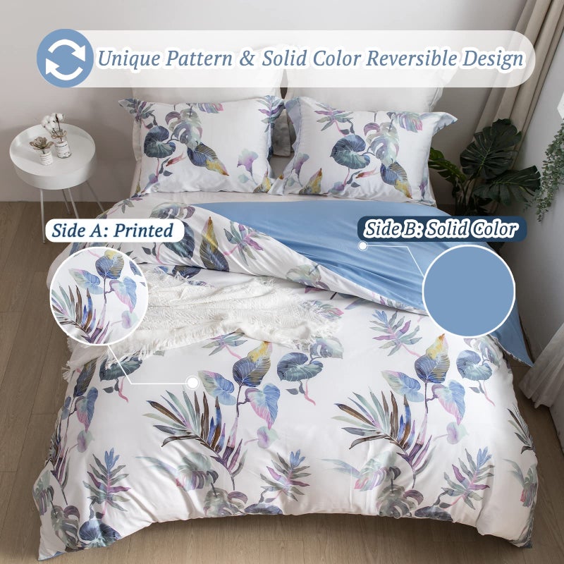 MILDLY 100% Long-Staple Cotton Duvet Cover Set Palm Leaf Pattern Printed Comforter Cover 3pcs, Ultra Soft & Breathable Bedding Set - Image 2