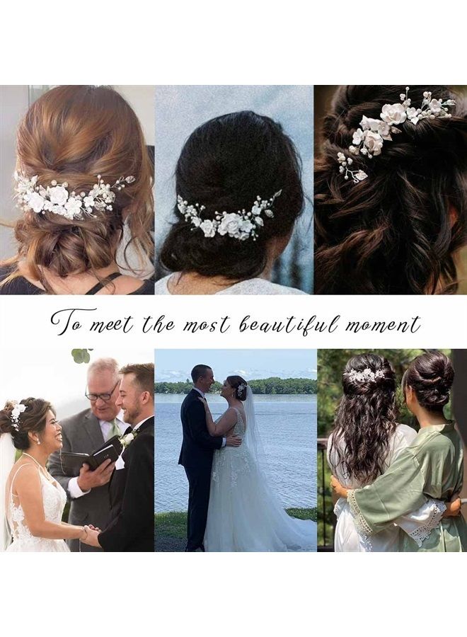 Casdre Flower Bride Wedding Hair Vine Pearl Bridal Headpiece Leaf Hair Accessories Hair Piece for Women and Girls (A Silver) - Image 2