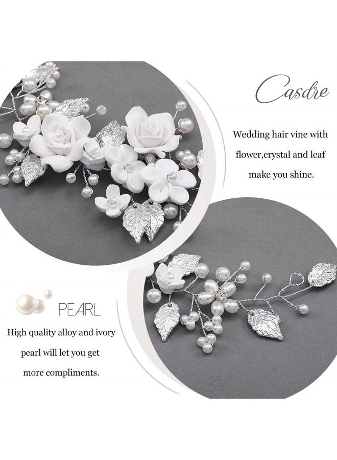 Casdre Flower Bride Wedding Hair Vine Pearl Bridal Headpiece Leaf Hair Accessories Hair Piece for Women and Girls (A Silver) - Image 1