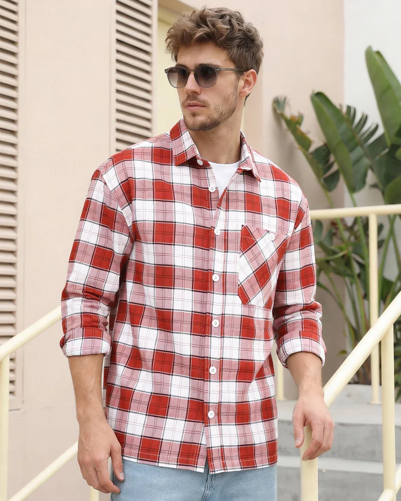 bewakoof Men's Red & White Checked Oversized Shirt