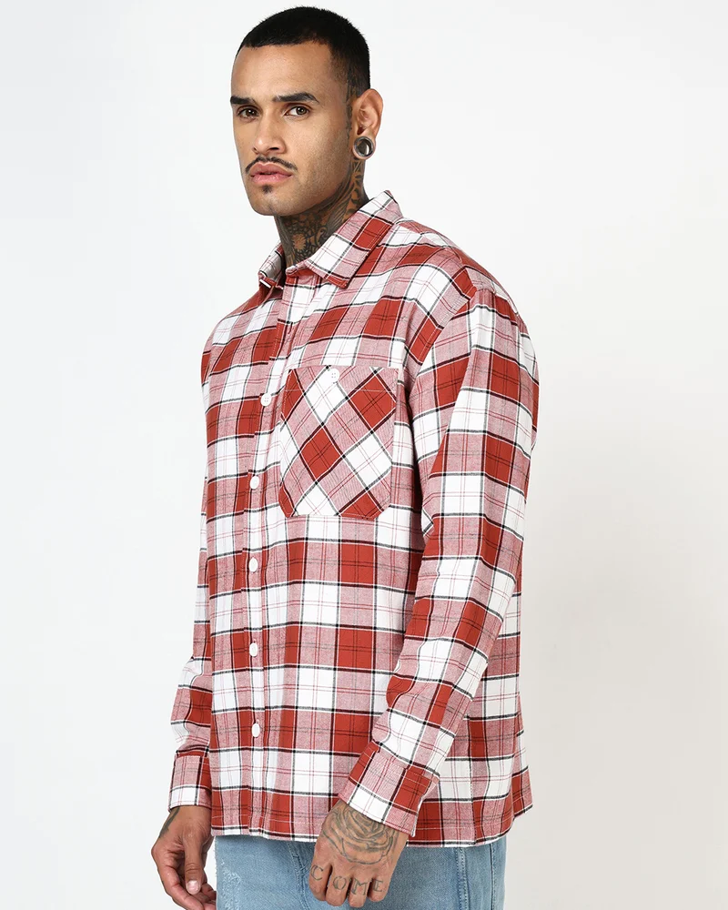 bewakoof Men's Red & White Checked Oversized Shirt