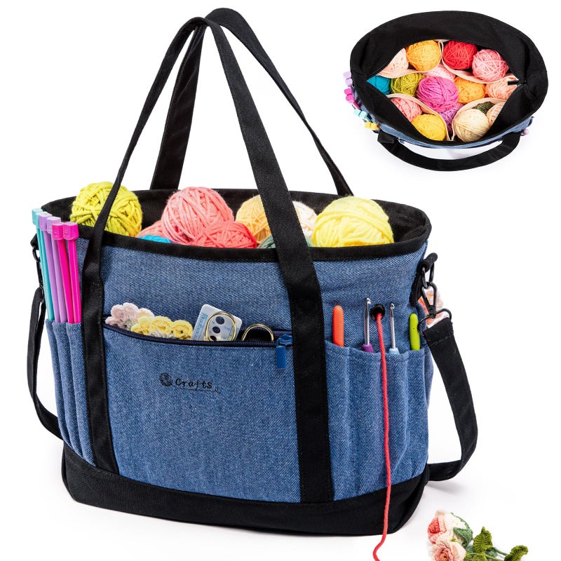 MYBAGZING Canvas Yarn Storage Organizer Bag Washable Crochet Bag with Pockets for Yarn Hooks Needles Travel Knitting Tote for Crafters Gift for Crocheters Knitters MediumLarge - Image 2