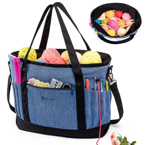 MYBAGZING Canvas Yarn Storage Organizer Bag Washable Crochet Bag with Pockets for Yarn Hooks Needles Travel Knitting Tote for Crafters Gift for Crocheters Knitters MediumLarge - Image 1