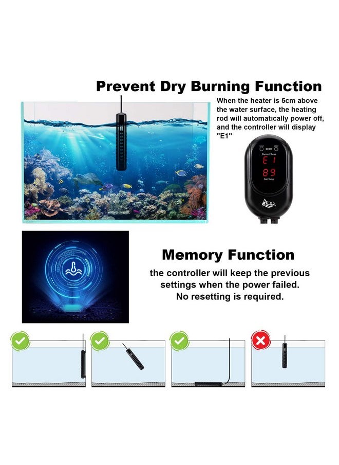 AQQA Submersible Aquarium Heater,100W/200W/300W/500W/800W/1000W/1200W Fish Tank Heater,External Temperature Controller LED Temperature Display,Suitable for Saltwater and Freshwater(200W)