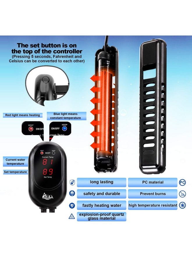 AQQA Submersible Aquarium Heater,100W/200W/300W/500W/800W/1000W/1200W Fish Tank Heater,External Temperature Controller LED Temperature Display,Suitable for Saltwater and Freshwater(200W)