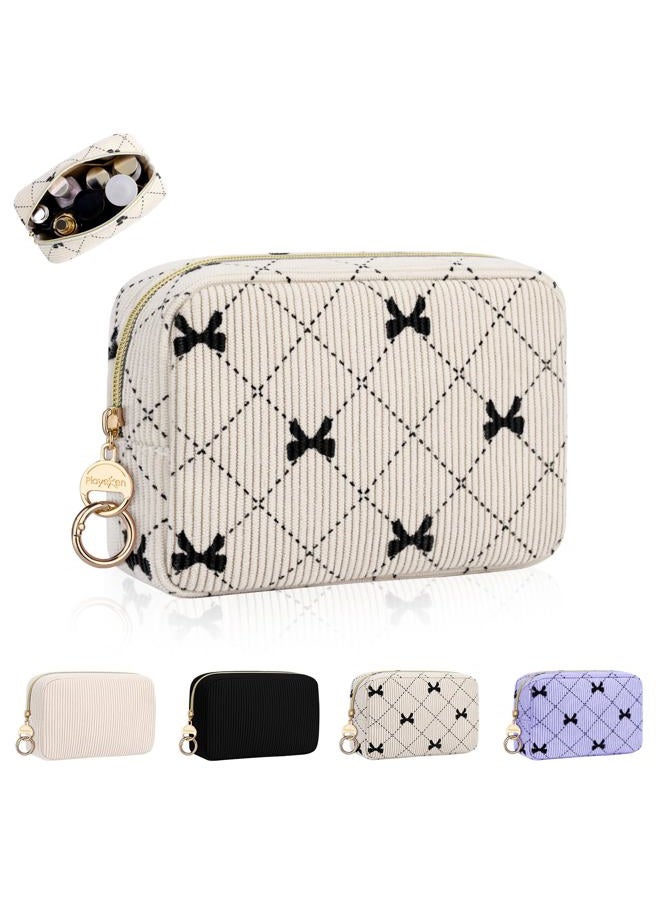 Playexen Small Makeup Bag for Purse, Corduroy Small Cosmetic Bag with Ring Buckle & Inner Pockets, Portable Bow Toiletry Makeup Pouch Purse for Travel Daily Use (Beige) - Image 1