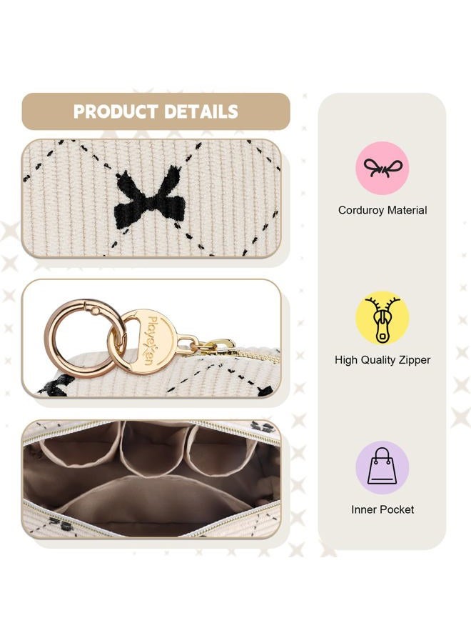Playexen Small Makeup Bag for Purse, Corduroy Small Cosmetic Bag with Ring Buckle & Inner Pockets, Portable Bow Toiletry Makeup Pouch Purse for Travel Daily Use (Beige) - Image 3