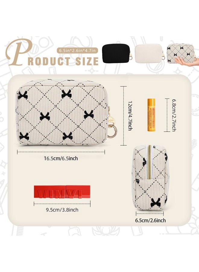 Playexen Small Makeup Bag for Purse, Corduroy Small Cosmetic Bag with Ring Buckle & Inner Pockets, Portable Bow Toiletry Makeup Pouch Purse for Travel Daily Use (Beige) - Image 2