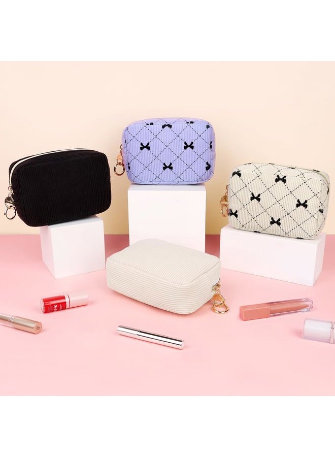 Playexen Small Makeup Bag for Purse, Corduroy Small Cosmetic Bag with Ring Buckle & Inner Pockets, Portable Bow Toiletry Makeup Pouch Purse for Travel Daily Use (Beige) - Image 5