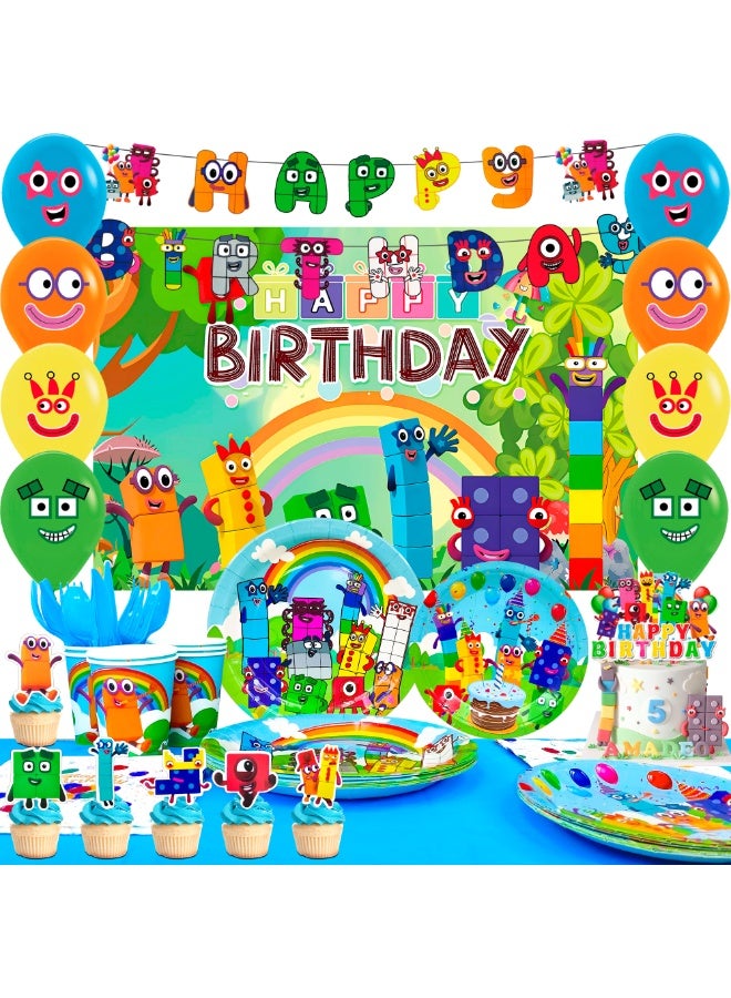 Number Blocks Birthday Decorations for 10 Guests, 112pcs Number Blocks Disposable Party Tableware Set Number Blocks Theme Birthday Banner Balloon Plate Tablecloth etc Numberblocks Party Supplies