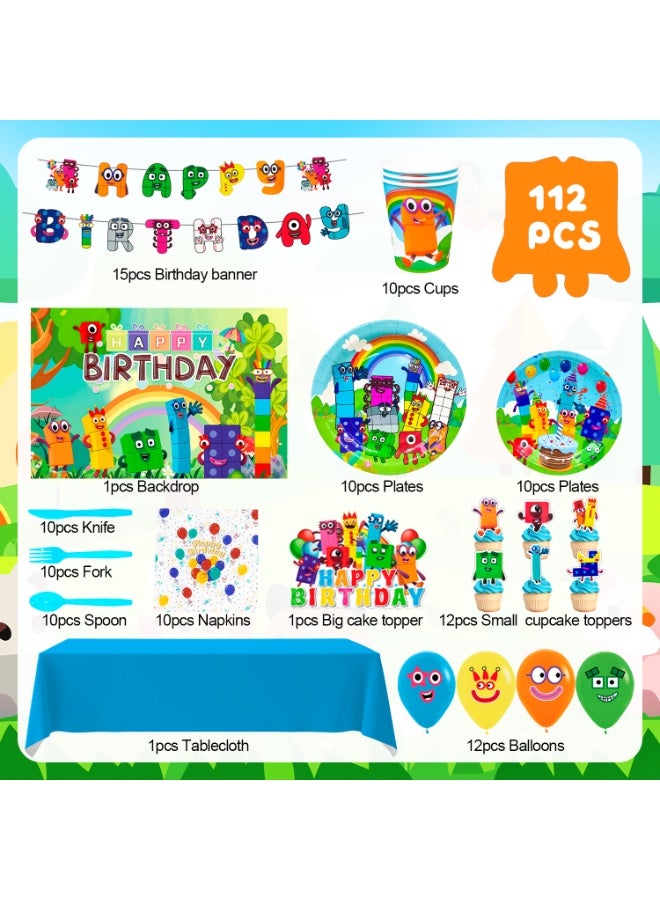 FRUITFUL PARTY Number Blocks Birthday Decorations for 10 Guests, 112pcs Number Blocks Disposable Party Tableware Set Number Blocks Theme Birthday Banner Balloon Plate Tablecloth etc Numberblocks Party Supplies - Image 2