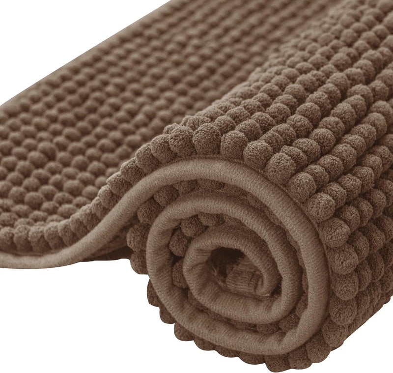 subrtex Bathroom Rugs, 20" x 32" Chenille Bath Rug Soft Short Plush Bath Mat Soft Shower Mat Water Absorbent Shower Mat Quick Dry Machine Washable, Brown - Image 1
