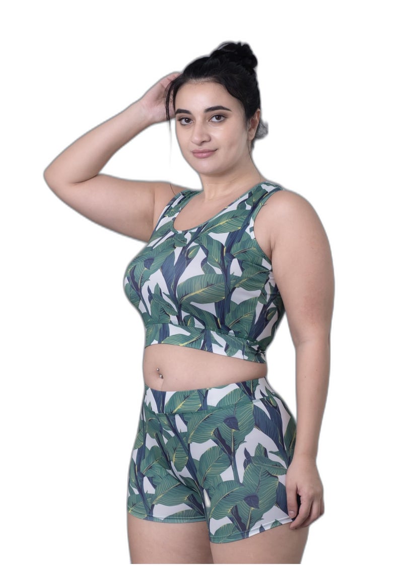 Keepfit Green Round Neck Sleeveless`Tropical Printed Plus Size Swim Set for Women & Girls |Swimming Suit for Women - Image 1