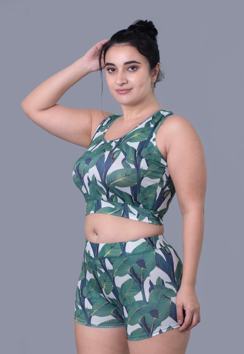 Keepfit Green Round Neck Sleeveless`Tropical Printed Plus Size Swim Set for Women & Girls |Swimming Suit for Women - Image 2