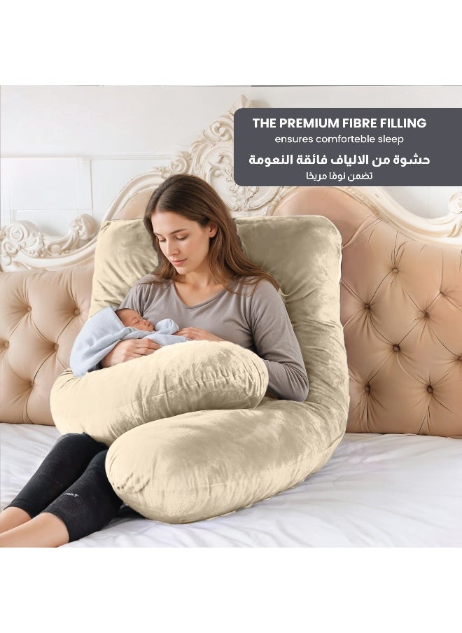 Rest Premium Velvet U Shaped Pregnancy Pillow 70X140Cm Maternity Full Body Pillow For Pregnant Women For Back , Hip , Neck And Knee Support With Removal Cover , Ivory  - Image 4
