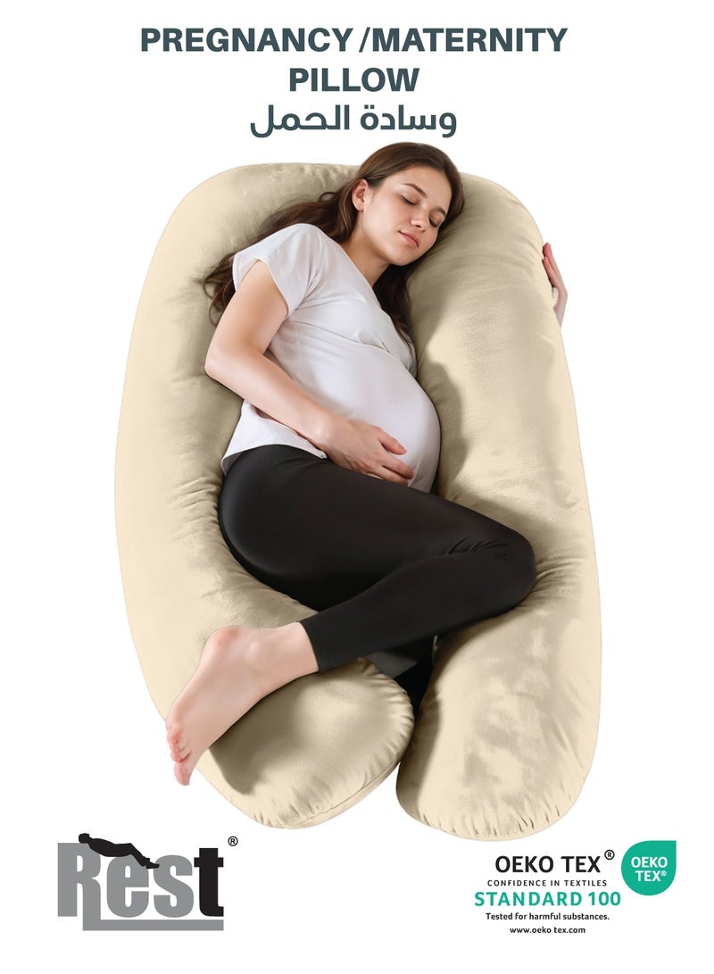 REST Premium Velvet U Shaped Pregnancy Pillow  70x140cm  Maternity Full Body Pillow For Pregnant Women for Back , Hip , Neck and Knee Support with Removal Cover , Ivory - Image 1