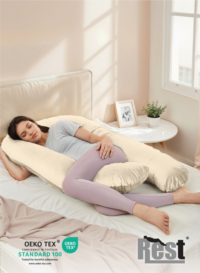 REST Premium Velvet U Shaped Pregnancy Pillow  70x140cm  Maternity Full Body Pillow For Pregnant Women for Back , Hip , Neck and Knee Support with Removal Cover , Ivory - Image 2