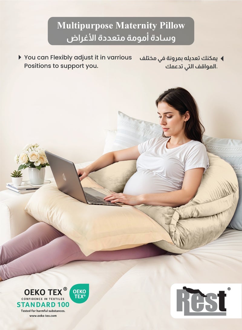 REST Premium Velvet U Shaped Pregnancy Pillow  70x140cm  Maternity Full Body Pillow For Pregnant Women for Back , Hip , Neck and Knee Support with Removal Cover , Ivory - Image 4