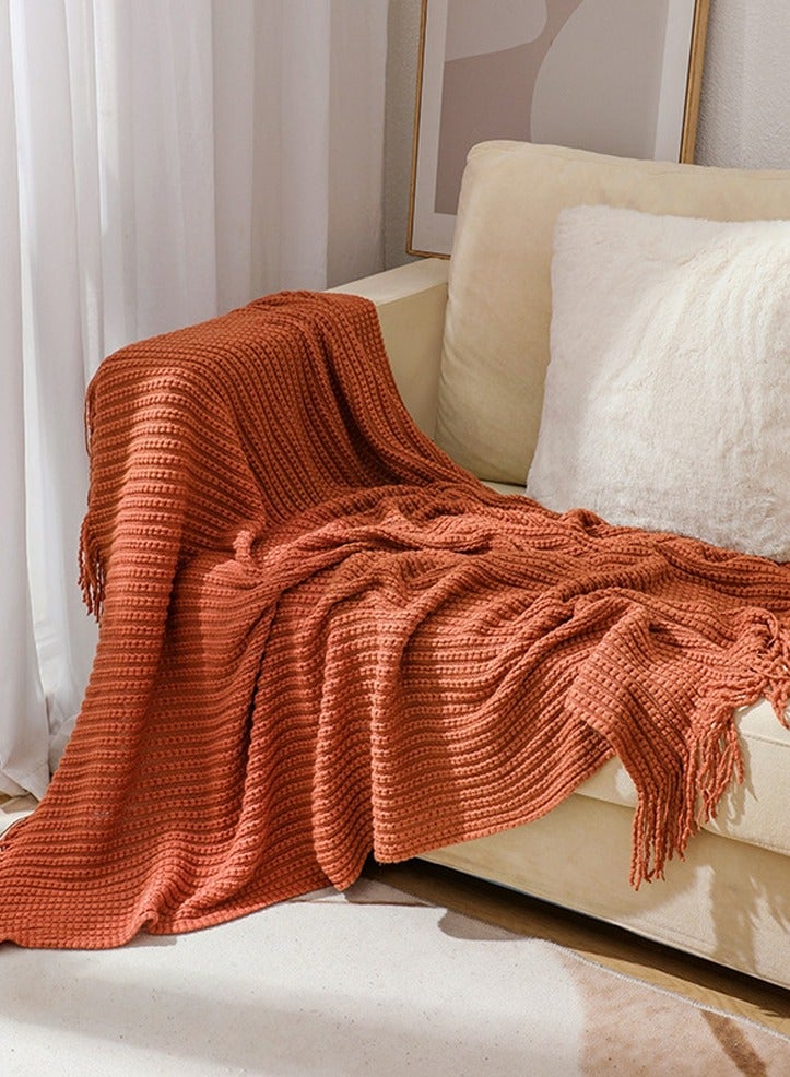 Loquat Solid Color Tassel Design Knitted Soft Throw Blanket Keep Warm Caramel - Image 1