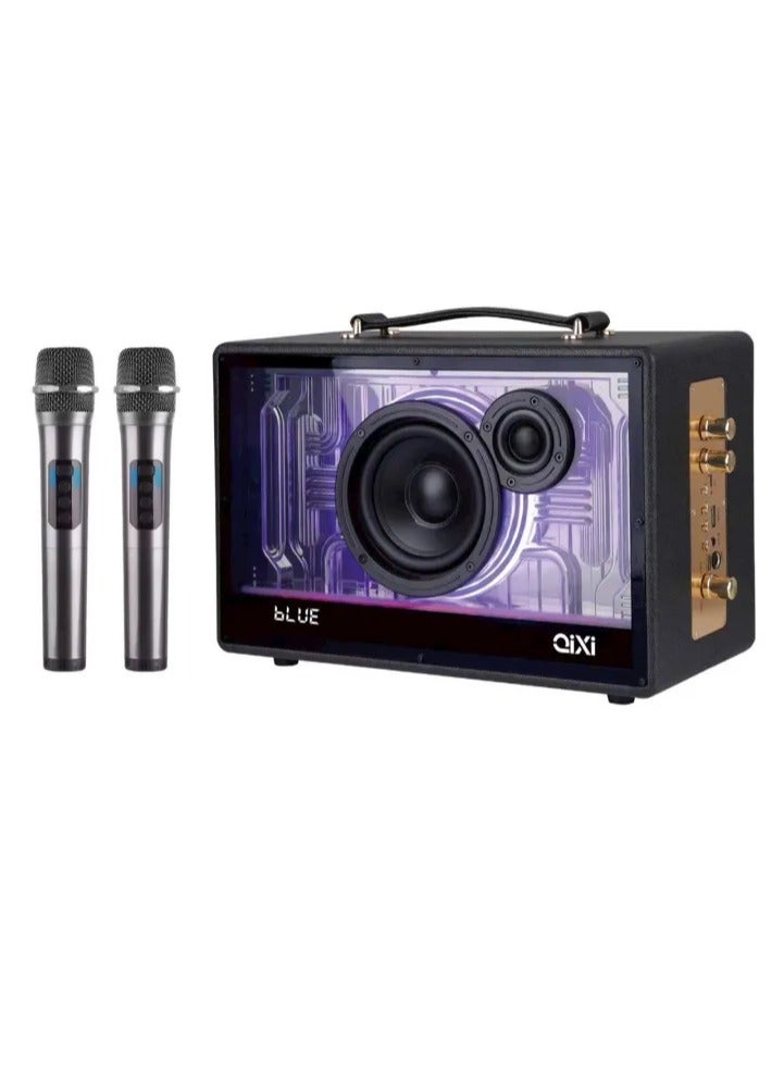 QiXi Wireless Bluetooth Karaoke Speaker with Quality Leather Design, Loud Super Bass Sounds, and Colorful Flashing Lights - Hi-Fi Stereo Sound for Ultimate Entertainment - Image 1