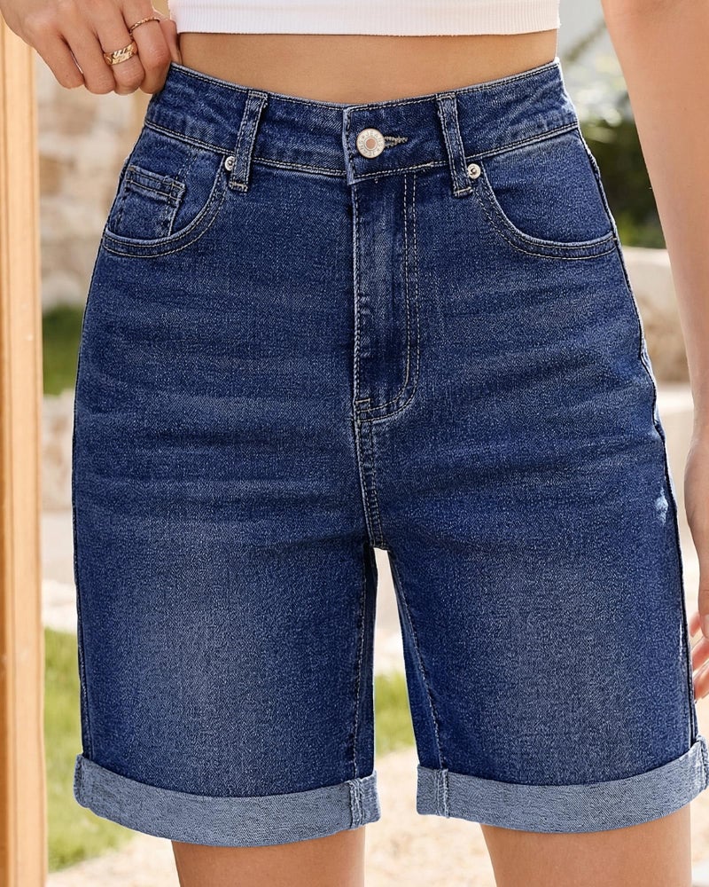 Vetinee Long Shorts for Women Womens Jean Shorts Stretchy Womens Jorts High Waisted Summer Long Stretchy Mom High Rise Denim Loose Cute Ladies Casual Mid Thigh Trendy Jorts Women Dark Blue Large - Image 2