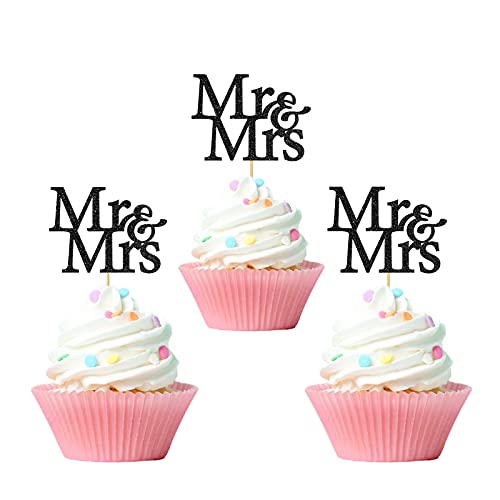 MonMon & Craft MonMon Craft 24 Pcs Mr Mrs Cupcake Toppers for Bridal Shower Wedding Engagement Party in Black - Image 1