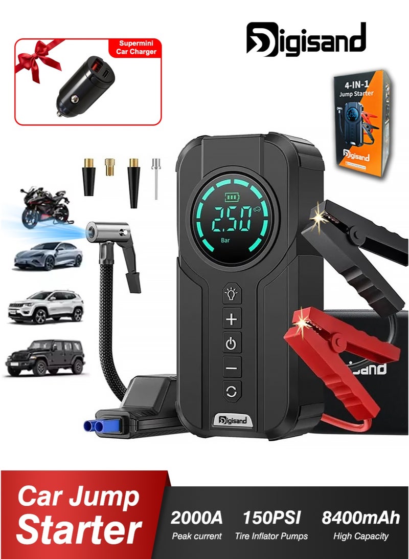 Digisand 4-IN-1 Car Jump Starter with 150PSI Air Compressor Portable Cordless Car Battery Emergency Starter, Peak 2000A Auto Battery Booster 150PSI Air Compressor To Easily Inflate Tires, LED Display, With Flashlight, Mobile Power Supply, Large Capacity Storage and Car Charger - Image 1