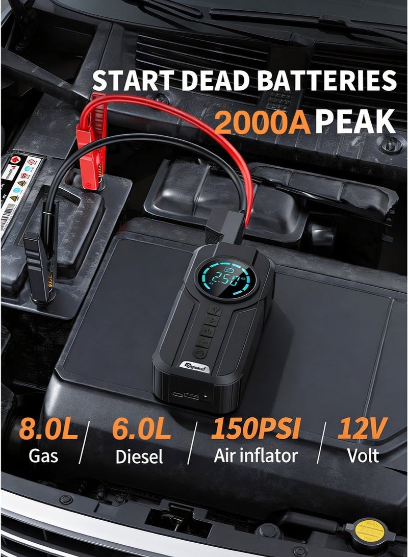 Digisand 4-IN-1 Car Jump Starter with 150PSI Air Compressor Portable Cordless Car Battery Emergency Starter, Peak 2000A Auto Battery Booster 150PSI Air Compressor To Easily Inflate Tires, LED Display, With Flashlight, Mobile Power Supply, Large Capacity Storage and Car Charger - Image 4