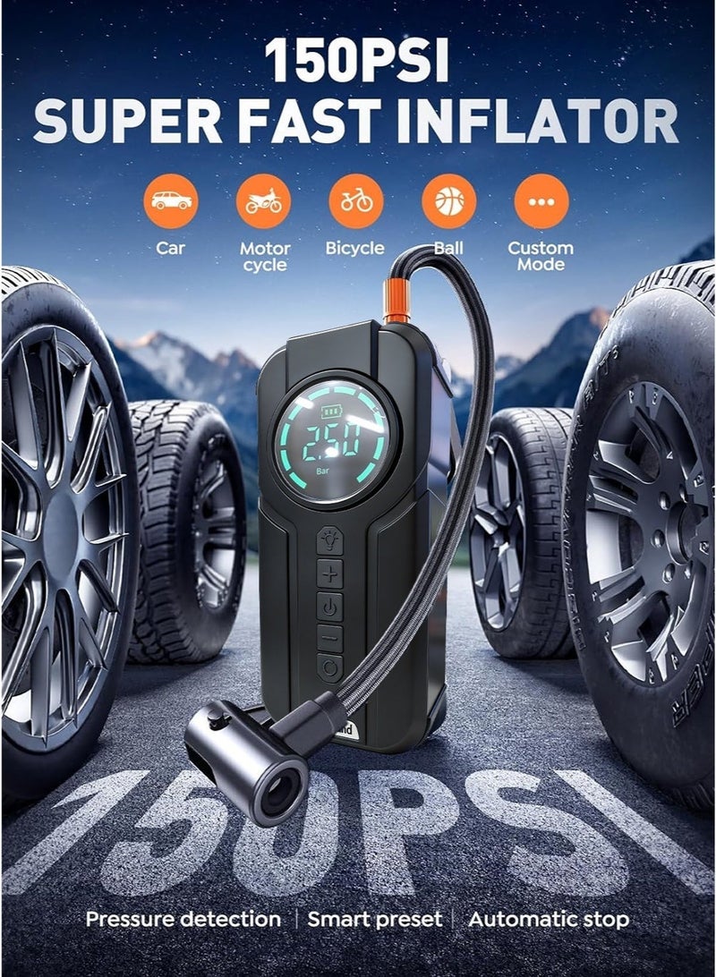 Digisand 4-IN-1 Car Jump Starter with 150PSI Air Compressor Portable Cordless Car Battery Emergency Starter, Peak 2000A Auto Battery Booster 150PSI Air Compressor To Easily Inflate Tires, LED Display, With Flashlight, Mobile Power Supply, Large Capacity Storage and Car Charger - Image 5