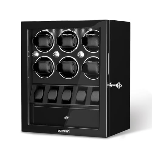 DUKWIN Watch Winder for 6 Automatic Watches,Lockable Watch Winders with Watch and Jewelry Storages, Super Quiet Mabuchi Motor with High-Gloss Piano Lacquer Finish,Built-in Illumination-Black - Image 1