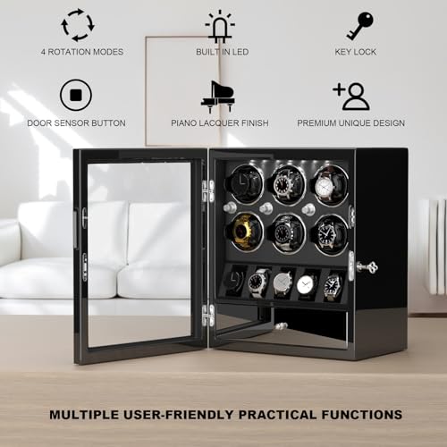 DUKWIN Watch Winder for 6 Automatic Watches,Lockable Watch Winders with Watch and Jewelry Storages, Super Quiet Mabuchi Motor with High-Gloss Piano Lacquer Finish,Built-in Illumination-Black - Image 4