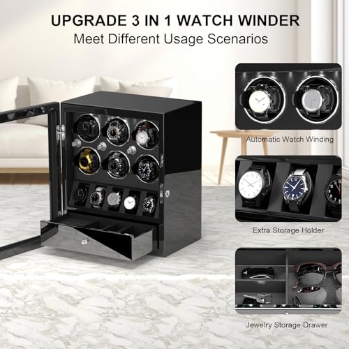 DUKWIN Watch Winder for 6 Automatic Watches,Lockable Watch Winders with Watch and Jewelry Storages, Super Quiet Mabuchi Motor with High-Gloss Piano Lacquer Finish,Built-in Illumination-Black - Image 2